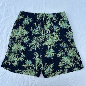 Vintage 90s Style Clio Flowy Rayon Shorts, Green & Navy Plant Pattern Shorts
